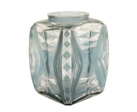 Andre Hunebelle (1896-1985): An Art Deco Carre Pattern Clear and Blue Stained Glass Vase, square section form with geometric 