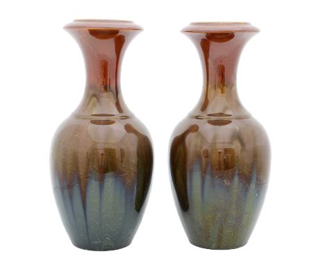 A Pair of Linthorpe Pottery Vases, shape No.887, in tones of green, brown, and white, impressed LINTHORPE 887 HT (Henry Tooth