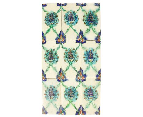 A Pilkington's 6" by 3" Persian Nine Tile Panel, circa 1907, in tones of blue and green, picked out in red, stamped P,15.5cm 