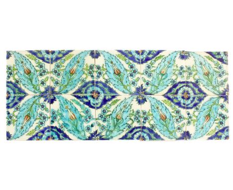 A Pilkington's 6" Persian Ten Tile Panel, circa 1907, in tones of blue and green, picked out in red, stamped P and PILKINGTON