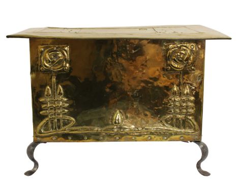 Attributed to Margaret Thomson Wilson: A Glasgow School of Arts Brass Coal Box, of rectangular form, the front embossed with 