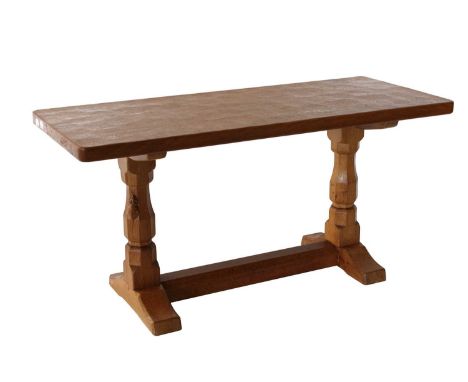 Workshop of Robert Mouseman Thompson (Kilburn): An English Oak 3ft Refectory Coffee Table, the rectangular adzed top on two o