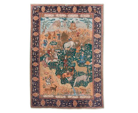 Orientteppich, PERSIEN, 20.Jh., 256x188 cm. Persischer Bildteppich mit erzählerischer Szene, vermutlich Isfahan, Tabriz oder 