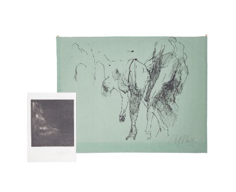 HRDLICKA, ALFRED (1928-2009), 2 Figürliche Kompositionen, 1.) Figuren im Gehen und sich beugend, Lithographie/grüntoniges Büt