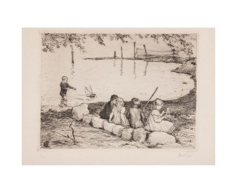 ENGEL, OTTO HEINRICH (1866-1949), "Spielende Kinder am Seeufer", Radierung/Papier, in der Platte u.li. monogrammiert, u.re. m