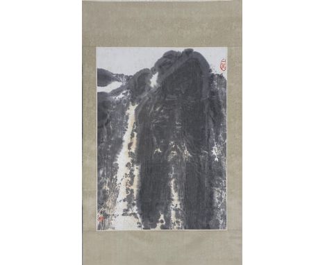 A Chinese scroll mounted ink on paper, exhibited in London and subsequently stored in a bank vault. Slight foxing, W. 50cm.