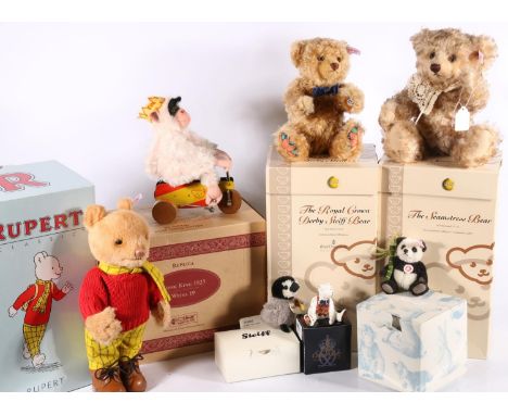 Two Royal Crown Derby Steiff bears, Steiff Rupert the Bear, Steiff Monk King Replica, small Steiff panda and Penguin.&nbsp; (