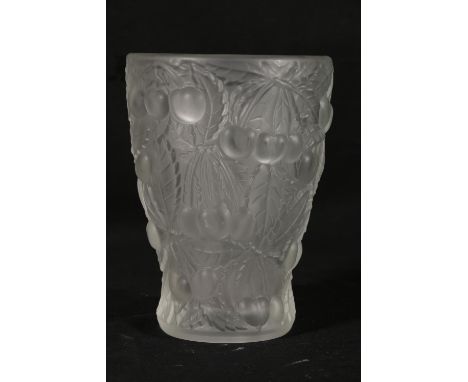 Josef Inwald for Barolac glass, a frosted vase with cherry pattern, incorrectly signed to base 'R Lalique'. 