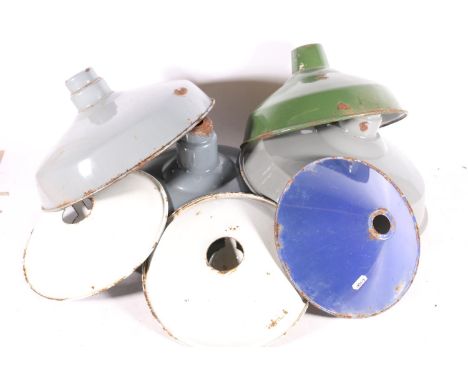 Three industrial enamelled metal light shades and four others. 