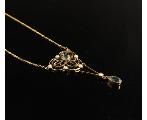 An Edwardian 9ct gold seed pearl and Aquamarine pendant necklace on chain 