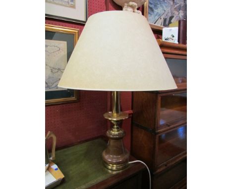 A table lamp with turned wooden column and brass base, with shade, 74cm tall 