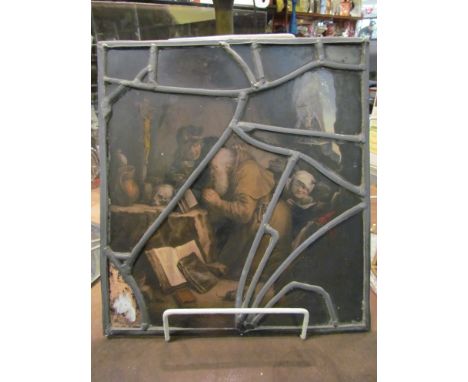 A glass stained panel depicting a medieval scene, Saint praying aside two peasants, skull, crucifix and mythical bird at an o