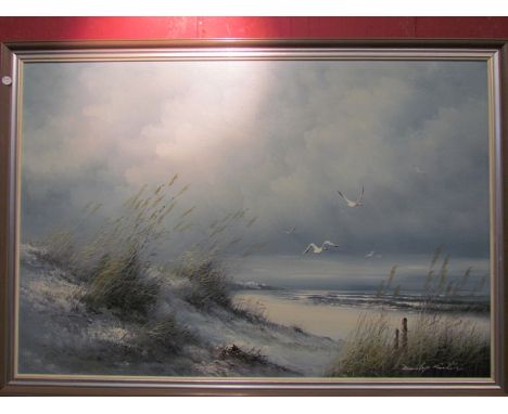 Dunlop Kintire, A signed oil on board Winter Coastal Landscape, Norwich Crome Gallery label verso, circa 1960's, 61cm x 91cm