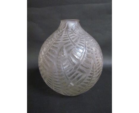 A Lalique "Espalion" pattern opaque glass vase, fern leaf design circa 1930's. Etched R. Lalique France to base, 18cm tall
