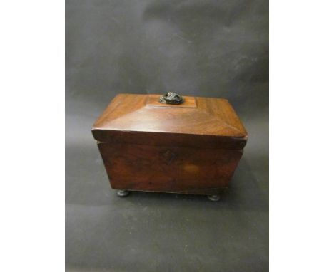 A mahogany Georgian tea caddy circa 1800-1849 hinged lid with signs of the original silvering two compartments and Sheffield 