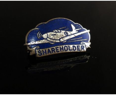 A white metal and blue enamel spitfire share holder badge with pin. World War, top reward for collecting aluminium pans for m