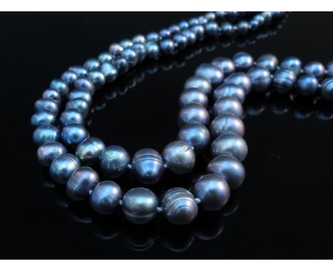 A two row graduated grey freshwater pearl necklace, 18", with silver clasp