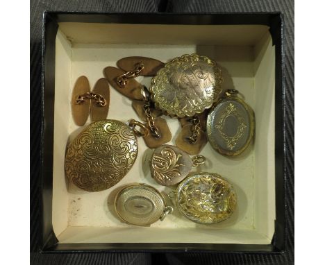 A box of lockets including woven hair panel example, cufflinks etc 