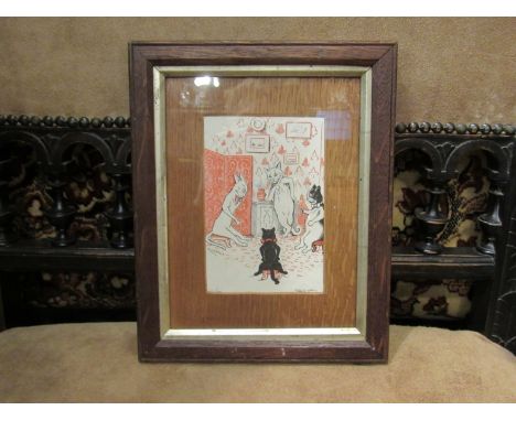 A signed Louis Wain print of cats in living room, framed and glazed, 15 x 10cm
