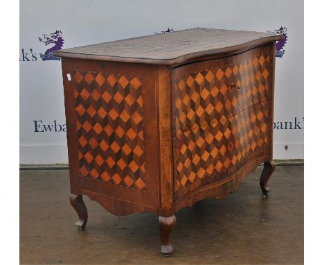 19th century parquetry commode, possibly South German or Italian, the serpentine front with two long drawers on cabriole legs