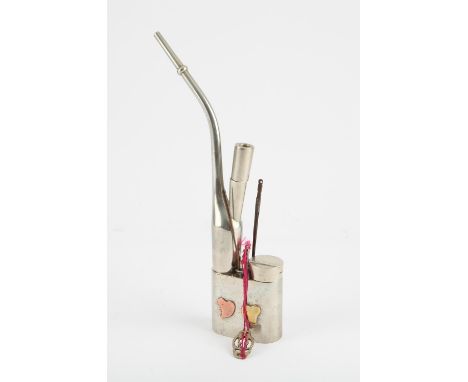 A Chinese Paktong (Baitong) water pipe, Late Qing dynasty the body engraved with birds and inscriptions with tools the hinged