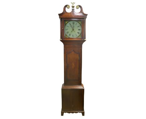 Early 19th century 30 hour oak and mahogany crossbanded longcase clock, with brass mounted swan neck pediment over a square p