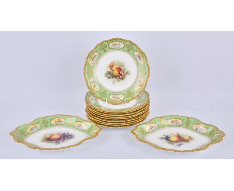 Royal Worcester part dessert service with central vignettes of fruit by Richard Sebright, within apple green and gilt borders