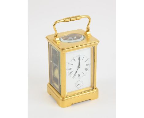 20th century lacquered brass carriage clock, the corniche case with white enamel dial and Roman numerals, subsidiary alarm di