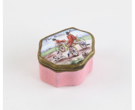 19th century enamel patch / pill box the cover enameled with two men on bone shakers, entitled " The Hobby Horses", 4cm