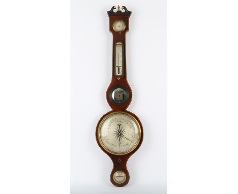 19th century mahogany banjo style barometer, by P. Nolfi of Taunton, with dry/damp gauge, thermometer and mirror, 97cm high, 
