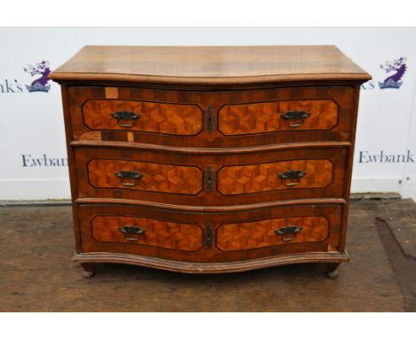 19th century North Italian oak serpentine front commode, with three long parquetry panelled drawers on scroll feet, H89 W116 