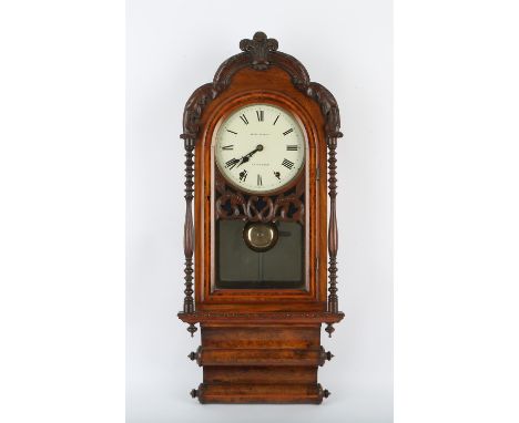 19th century American burr walnut wall clock, inscribed Seth Thomas, New York, with Prince of Wales feathers and foliate fram