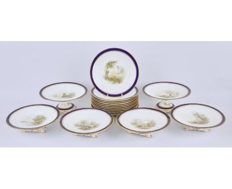 Grainger Worcester Royal China Works part dessert service, most painted with cattle in a rural landscape, others with sheep, 