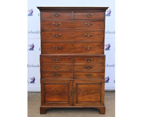 19th century mahogany chest of two short and three long graduated one secretaire enclosing pigeon holes and cupboard and draw