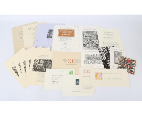 Gregynog Press ephemera, including pre-publication catalogues, brochures, cards, engraving by Harry Brockway for 'The Story o