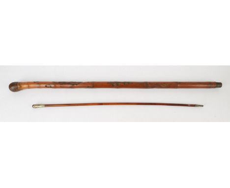 Japanese bamboo walking stick carved with a snake hunting a frog and a Presidency Volunteers Rifle Battalion swagger stick
