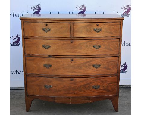 19th century mahogany bow-fronted chest of two over three long graduated drawers on bracket feet, h118 x w108 x d53.5cm,