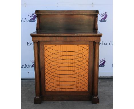 19th century rosewood chiffonier with raised back and shelf on scroll supports, over cabinet with grille door flanked by colu