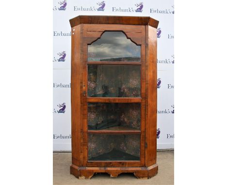 19th century walnut floor standing corner cupboard with glazed door enclosing shelves on bracket feet, h181 x w104 x d66cm,