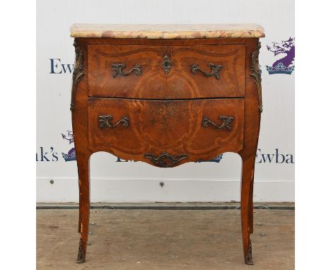 Louis XV style inlaid bombe commode with gilt metal mounts, the marble top over two long drawers on cabriole legs with gilt m