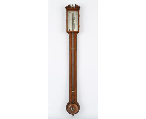 Mahogany and line inlaid mercury stick barometer with silvered dial and mercury thermometer, by Girolimo, London H100cm