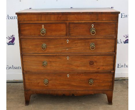 19th century mahogany chest of two short over three long graduated drawers on bracket base, h118 x w114 x d51cm,