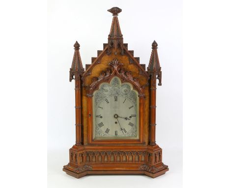 19th century walnut triple fusee bracket clock, the silvered dial with Roman numerals, Slow/Fast dial, Chime/Silent dial and 