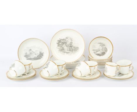 Seven early 19th century bat printed cups and saucers, a coffee can and saucer,  ten side plates and four dished plates, with