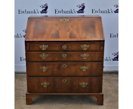 George II crossbanded walnut bureau, the sloping fall enclosing a fitted interior over four long graduated drawers on later b