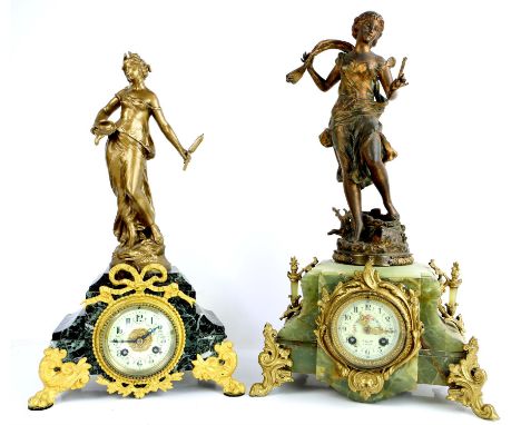 AMENDED DESCRIPTION An onyx mantel clock of a young girl and another similar mounted with a figure of a young girl, on marble