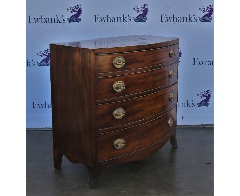 Early 19th century mahogany bowfront chest of drawers, with four long  drawers on out splayed bracket feet, H91 W91.5 D51.5 c