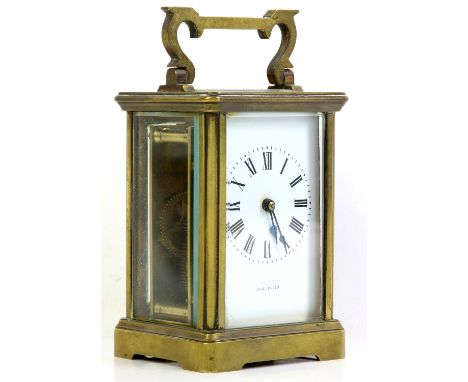 Brass and four glass carriage clock with French lever movement by R & Co., Paris, the white enamelled dial with Roman numeral