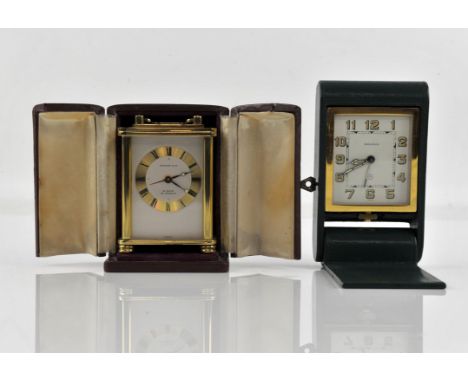 Jaeger travelling alarm clock no.121277 in green leather folding case and presentation Swiss carriage timepiece15 jewels alar