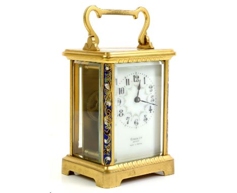 Brass and four glass carriage clock with champleve enamelled decoration, French lever movement, the white enamelled with Arab